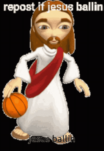 A Cartoon Of Jesus Holding A Basketball Says Repost If Jesus Ballin GIF