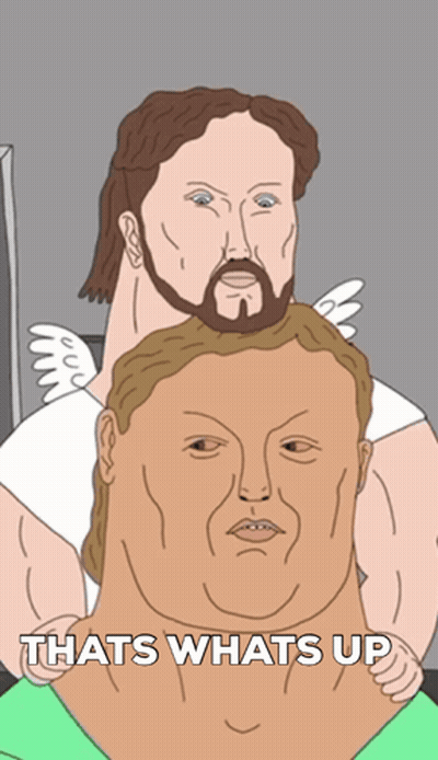 A Cartoon Of Jesus Holding A Man 'S Head With The Words That 'S What 'S Up GIF