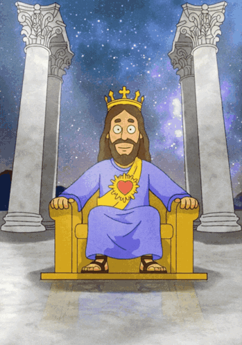A Cartoon Of Jesus Sitting On A Throne GIF