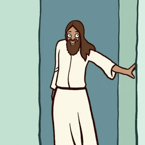 A Cartoon Of Jesus Standing In A Doorway With His Arm Outstretched GIF