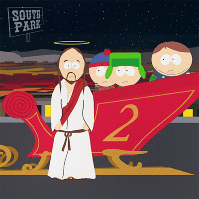 A Cartoon Of Jesus Standing Next To A Sled With The Number 2 On It GIF