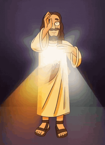 A Cartoon Of Jesus Taking A Selfie With His Cell Phone GIF