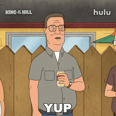 a cartoon of king of the hill says yup in white