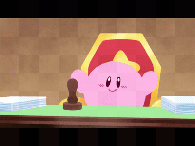 A Cartoon Of Kirby Sitting At A Desk With A Stamp GIF
