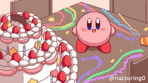 A Cartoon Of Kirby Standing Next To A Birthday Cake With Candles GIF
