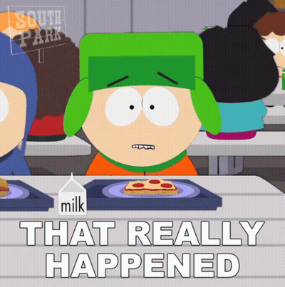 A Cartoon Of Kyle From South Park Sitting At A Table With A Box Of Milk GIF