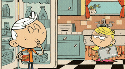 A Cartoon Of Lincoln And Lori In A Kitchen With A Can Of Soup GIF