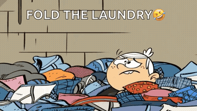 A Cartoon Of Lincoln Loud Laying On A Pile Of Clothes With The Words Fold The Laundry Above Him GIF