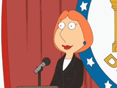 A Cartoon Of Lois Griffin Giving A Speech In Front Of A Microphone GIF