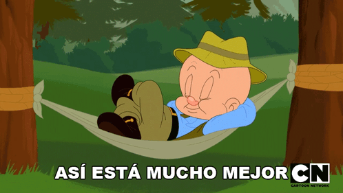 A Cartoon Of Looney Tunes Laying In A Hammock With The Words " Así Esta Mucho Mejor Cn " Above Him GIF