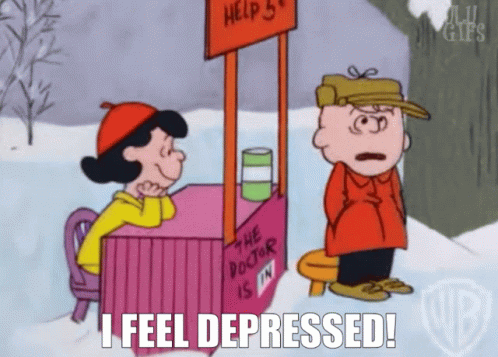 A Cartoon Of Lucy And Charlie Brown Talking To Each Other With The Words I Feel Depressed Below Them GIF