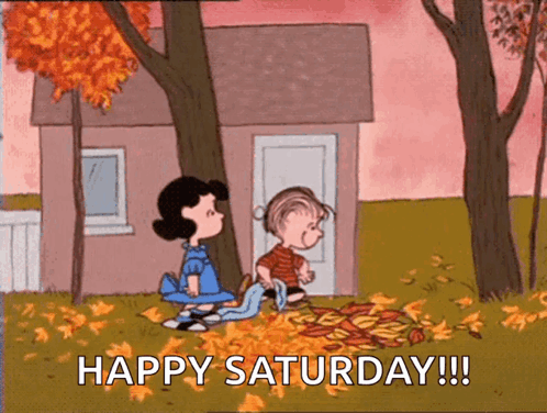 A Cartoon Of Lucy And Linus Playing With Leaves With The Caption Happy Saturday GIF