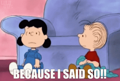 A Cartoon Of Lucy And Linus Sitting On A Couch With The Caption " Because I Said So " GIF
