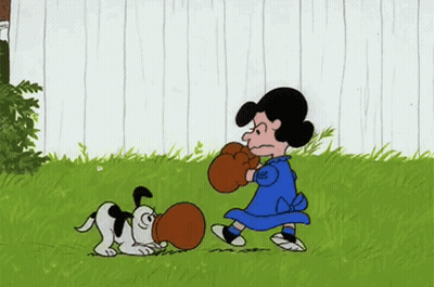 A Cartoon Of Lucy And Snoopy Boxing In The Grass . GIF