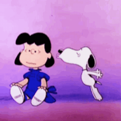 A Cartoon Of Lucy And Snoopy Dancing Together On A Pink Background . GIF