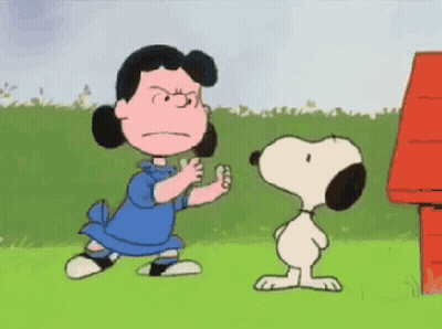 A Cartoon Of Lucy And Snoopy In Front Of A Doghouse GIF