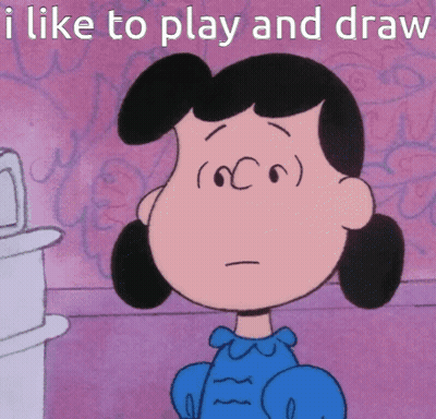 A Cartoon Of Lucy Brown With The Words I Like To Play And Draw Below Her GIF