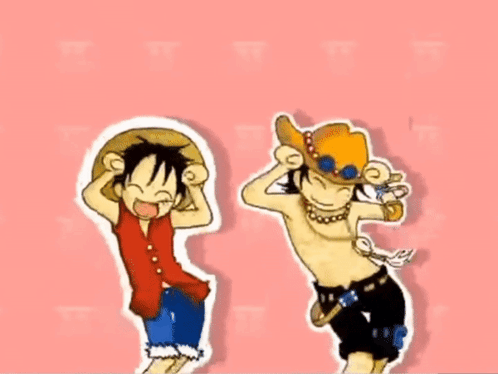 A Cartoon Of Luffy And Ace Are Dancing Together On A Pink Background . GIF