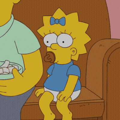 A Cartoon Of Maggie Simpson Sitting On A Couch With A Pacifier In Her Mouth GIF
