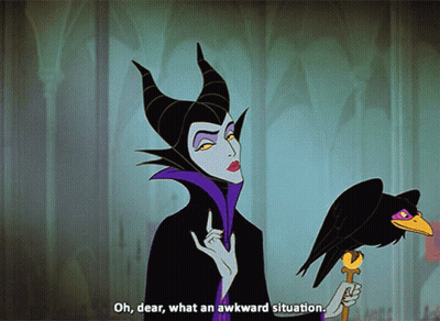 A Cartoon Of Maleficent Holding A Crow And Saying Oh Dear What An Awkward Situation GIF