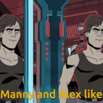 A Cartoon Of Manny And Alex Standing Next To Each Other With The Caption " Manny And Alex Like " GIF