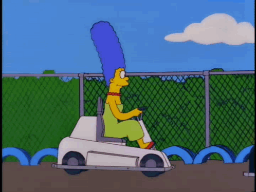 A Cartoon Of Marge Simpson Driving A Small White Car GIF
