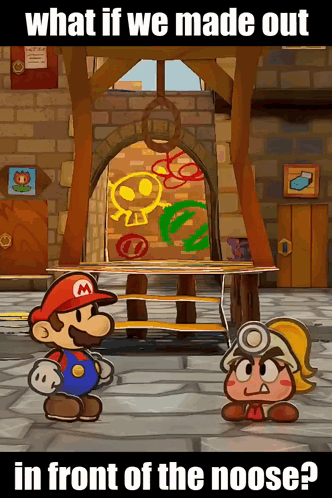 A Cartoon Of Mario And Goomba In Front Of A Building With The Words " What If We Made Out In Front Of The Noose " GIF