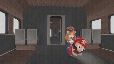 A Cartoon Of Mario And Sally Riding A Train GIF