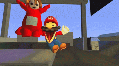 A Cartoon Of Mario And Teletubbies Is Being Displayed GIF