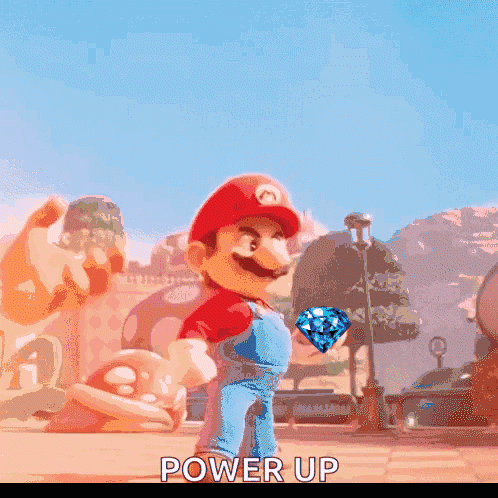 A Cartoon Of Mario Holding A Diamond And The Words Power Up Below Him GIF