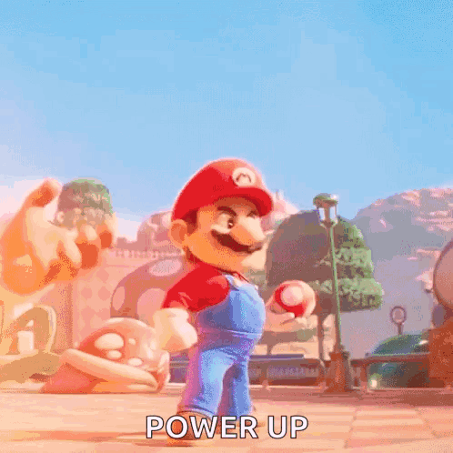 A Cartoon Of Mario Holding A Red Ball With The Words Power Up Above Him . GIF