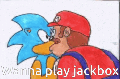 A Cartoon Of Mario Kissing Sonic With The Words " Wanna Play Jackbox " Below It GIF
