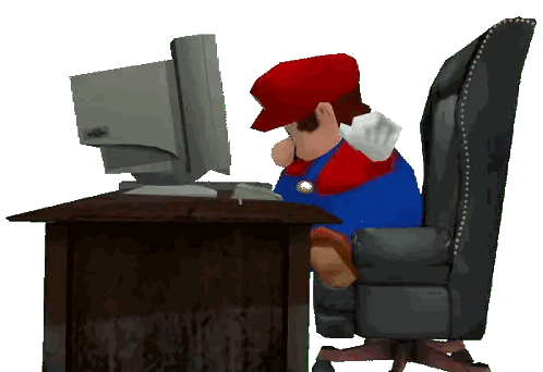 A Cartoon Of Mario Sitting At A Desk With A Computer Sticker
