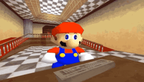 A Cartoon Of Mario Sitting At A Desk With A Newspaper On It GIF