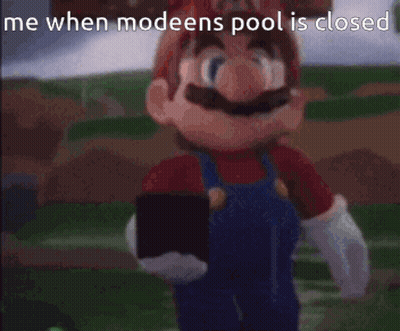 A Cartoon Of Mario Taking A Picture Of Himself With The Caption " Me When Modeens Pool Is Closed " GIF