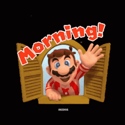 A Cartoon Of Mario Waving From An Open Window With The Words Morning Written Above Him GIF