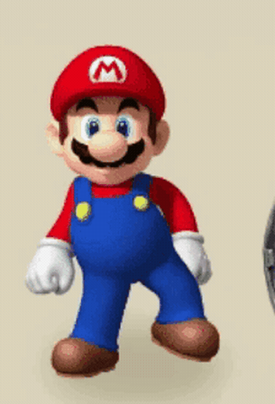 A Cartoon Of Mario Wearing Overalls And A Hat With The Letter M On It GIF