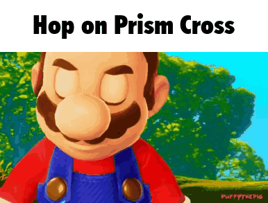 A Cartoon Of Mario With His Eyes Closed And The Words Hop On Prism Cross Below Him GIF