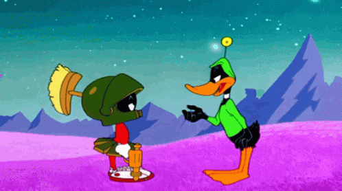 A Cartoon Of Marvin The Martian And Daffy Duck Talking GIF