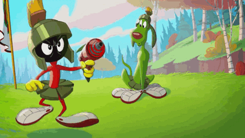 A Cartoon Of Marvin The Martian Holding A Gun Next To A Dog GIF
