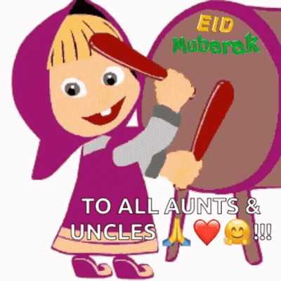 A Cartoon Of Masha Playing A Drum With The Words " To All Aunts & Uncles " GIF