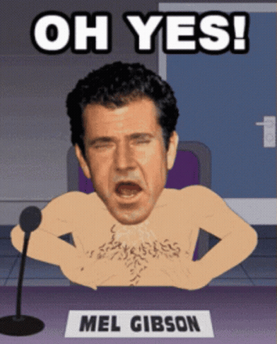 A Cartoon Of Mel Gibson Sitting At A Desk With A Microphone GIF