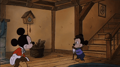A Cartoon Of Mickey Mouse And A Boy In A Room With A Cuckoo Clock On The Wall GIF