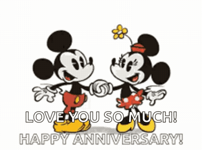 A Cartoon Of Mickey Mouse And Minnie Mouse Holding Hands And Kissing GIF