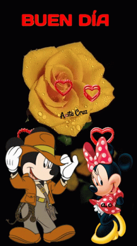 A Cartoon Of Mickey Mouse And Minnie Mouse With A Yellow Rose And The Words Buen Dia GIF