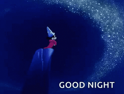 A Cartoon Of Mickey Mouse As A Wizard With The Words Good Night Below Him . GIF