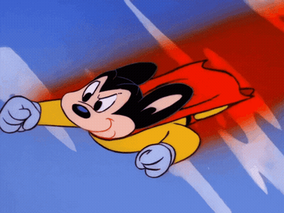 A Cartoon Of Mickey Mouse Flying Through The Air With A Red Cape GIF
