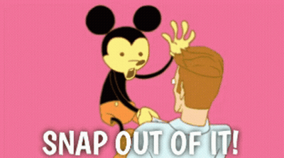 A Cartoon Of Mickey Mouse Giving A High Five To A Man With Snap Out Of It Written Below It GIF