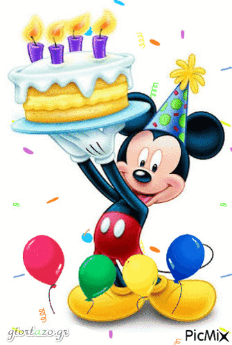 A Cartoon Of Mickey Mouse Holding A Birthday Cake With Candles GIF