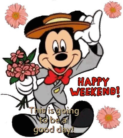 A Cartoon Of Mickey Mouse Holding A Bouquet Of Pink Flowers And Saying Happy Weekend Sticker
